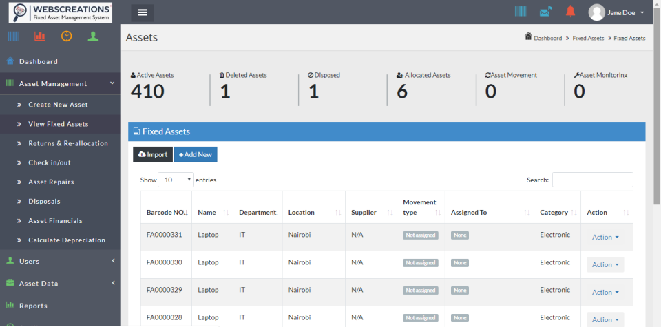 screenshot of AsseTrack FAMS